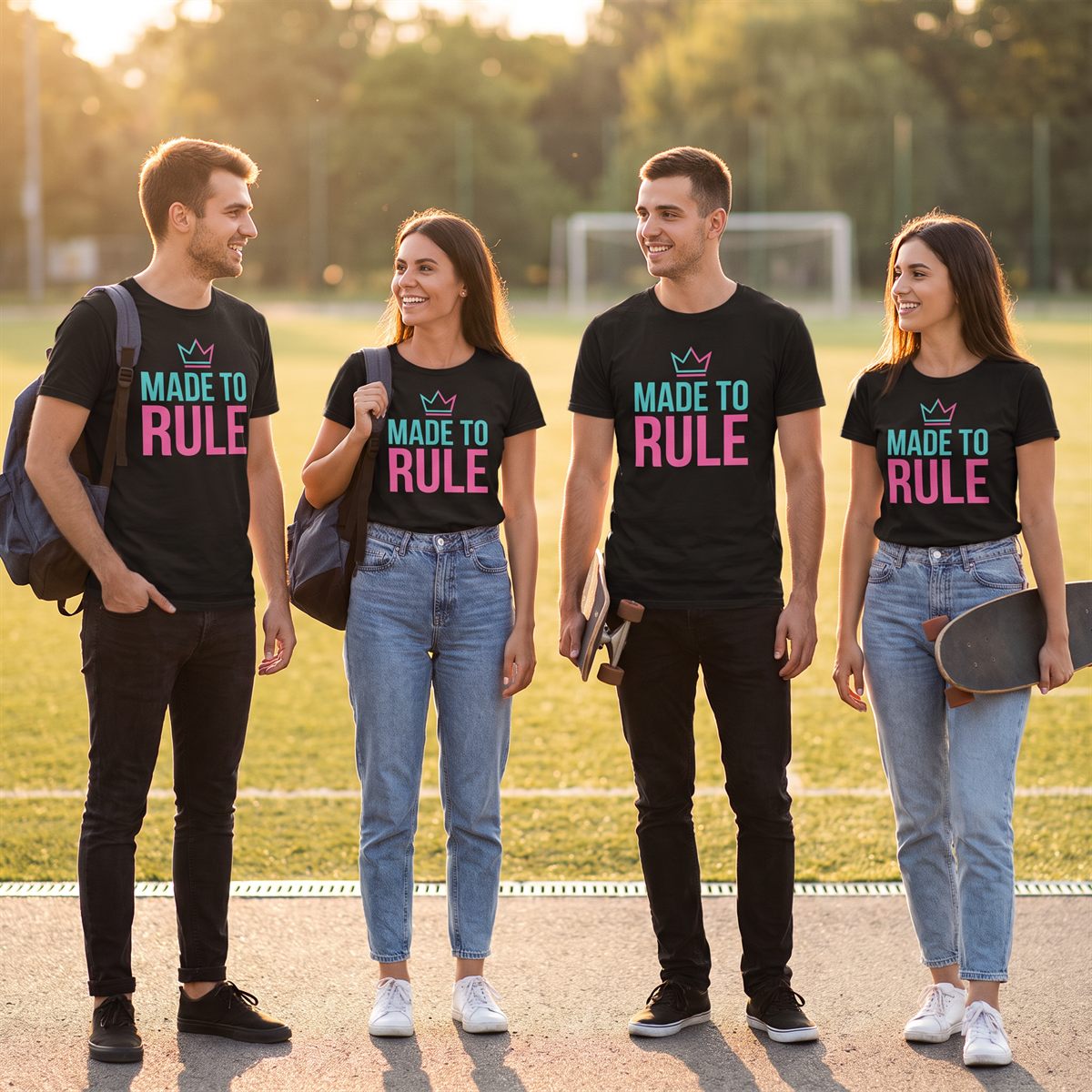 Four people in matching black T-shirts with a DTF transfer, turquoise and pink lettering with crown
