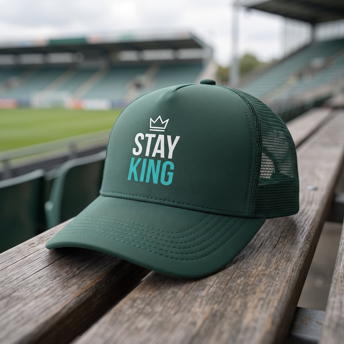 Dark green trucker cap with a seamless front panel, printed with Blockout DTF, white and turquoise lettering with crown