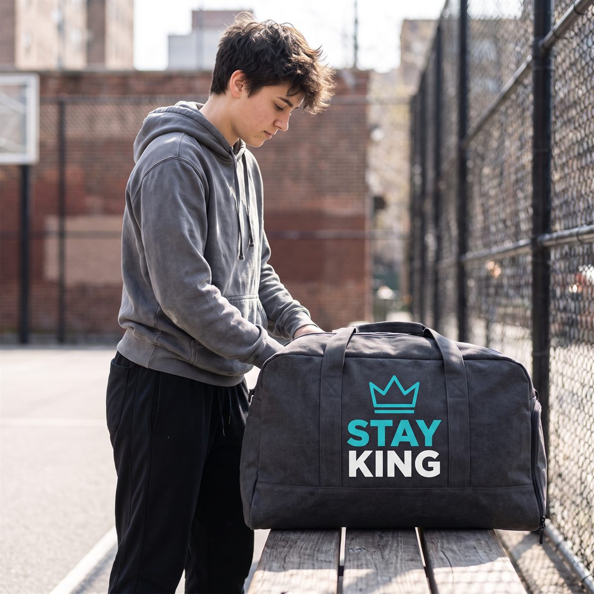 Dark sports bag printed with a DTF transfer, turquoise lettering with crown on the side panel