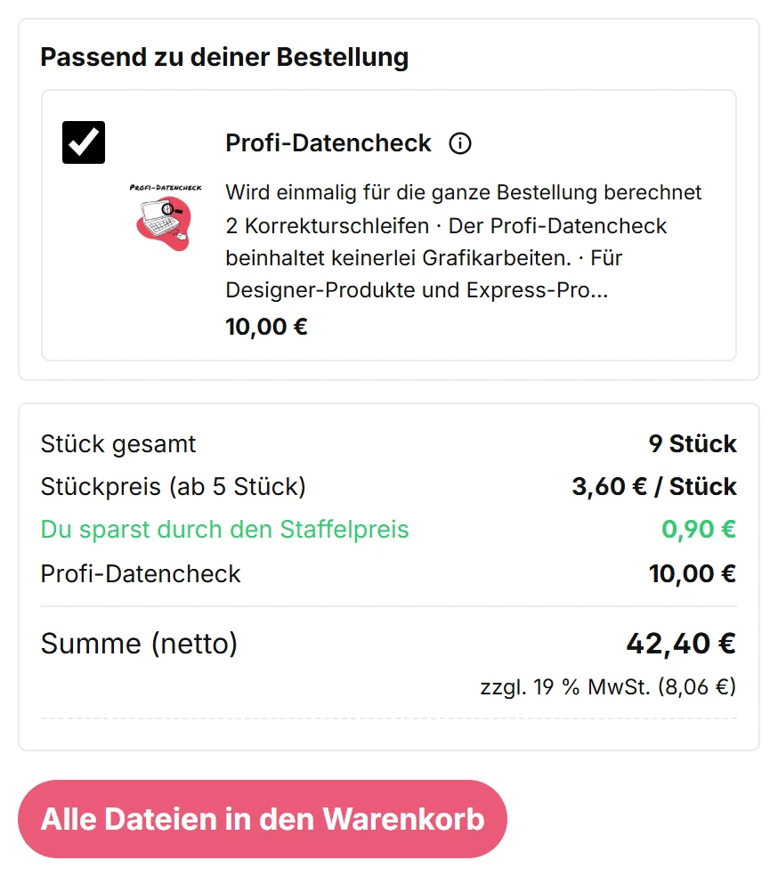 Screenshot: Profi-Datencheck angekreuzt, Summe und Knopf „Alle Dateien in den Warenkorb“