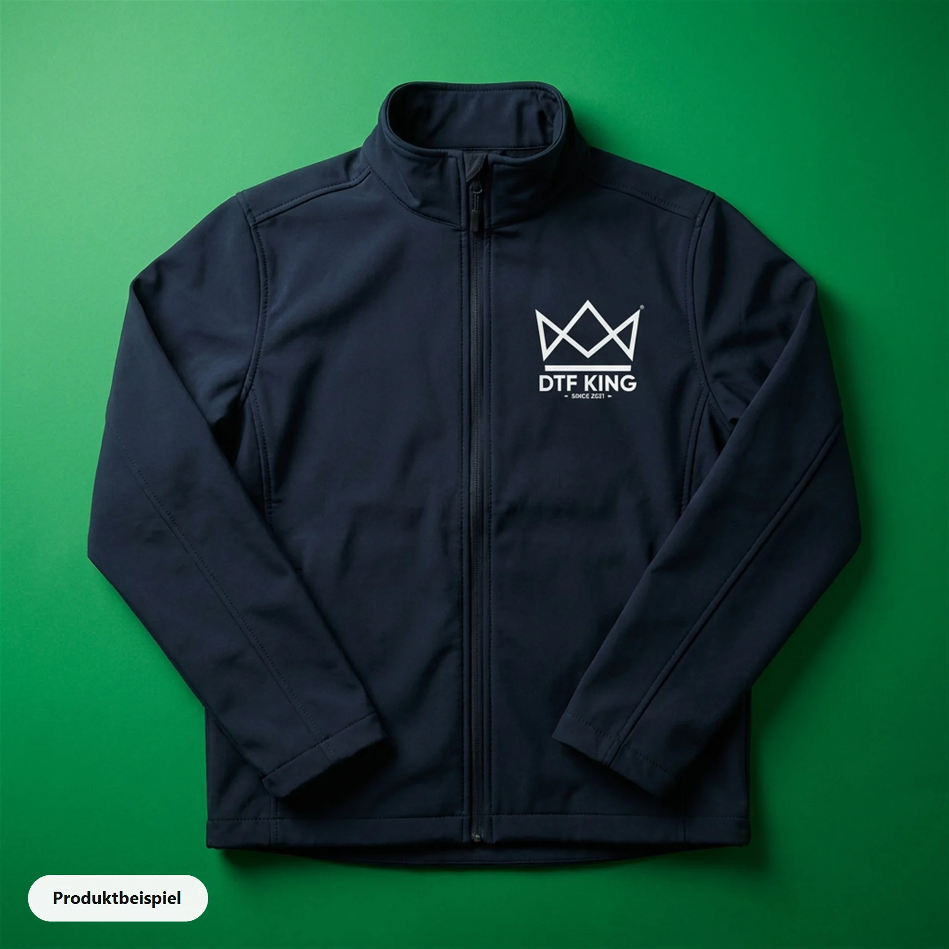 Dark blue softshell jacket with Blockout DTF transfer on the chest, product example