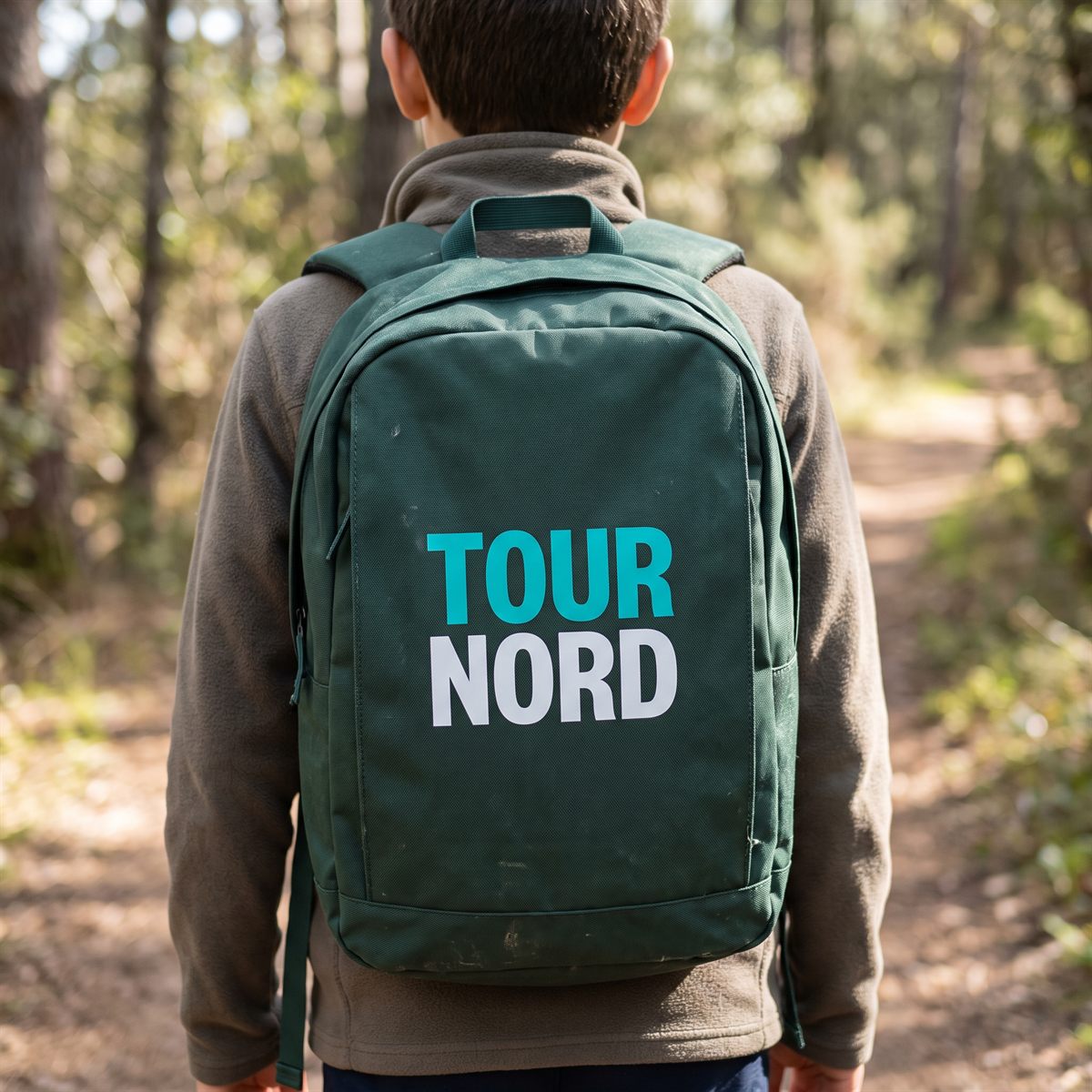 Green rucksack printed with Blockout DTF, turquoise and white lettering on the front