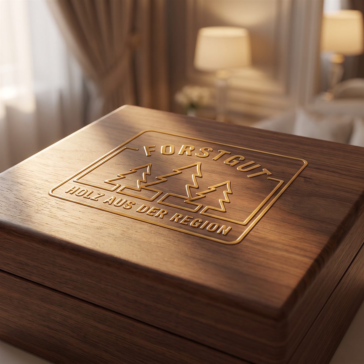 Dunkle Holzschatulle mit UV-DTF Rub-on Aufkleber, goldenes Logo auf dem glatten Deckel