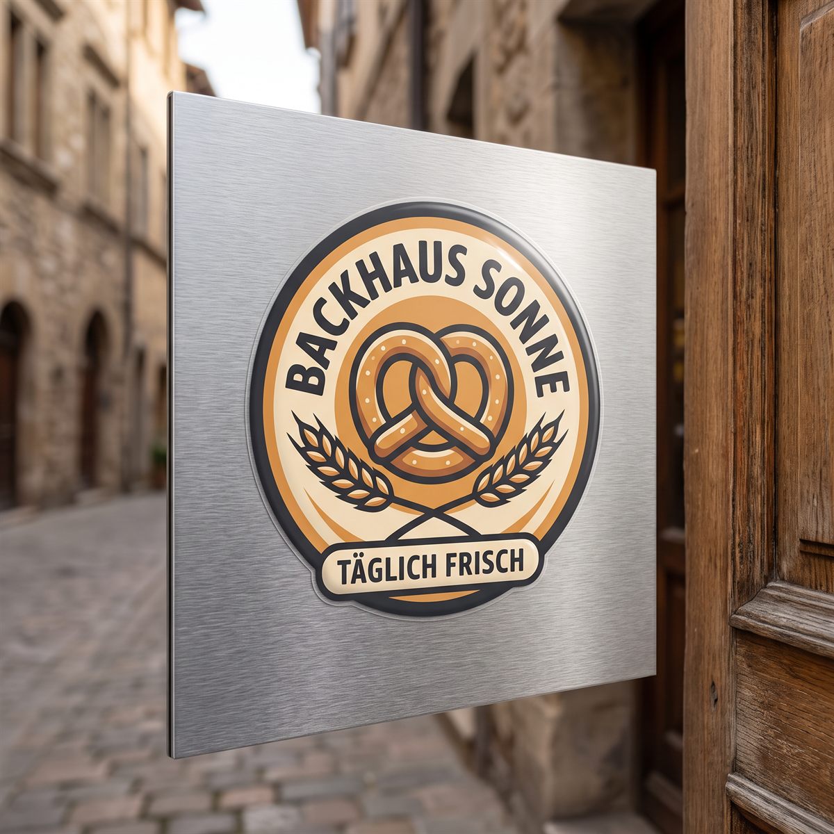 Aluminiumschild an einer Bäckerei mit UV-DTF Rub-on Aufkleber, Logo mit Brezel