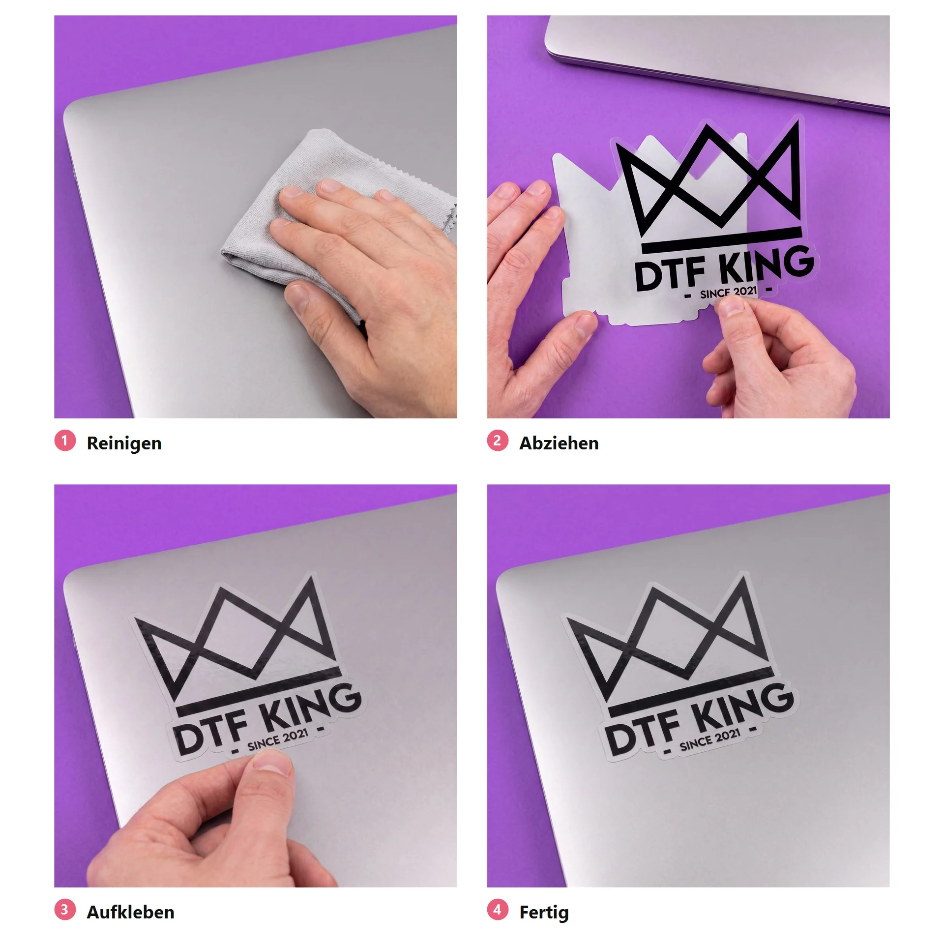 Vier Schritte zum Aufkleben eines konturgeschnittenen Vinyl-Stickers auf transparenter Folie: reinigen, abziehen, aufkleben, fertig