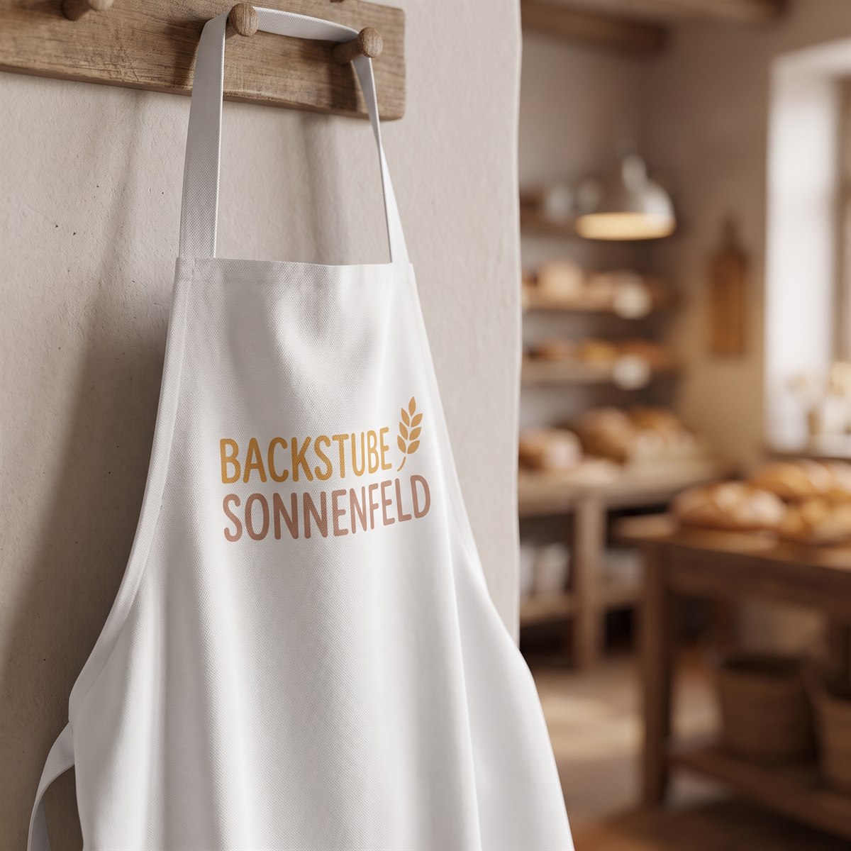White apron with sublimation print, logo of a bakery