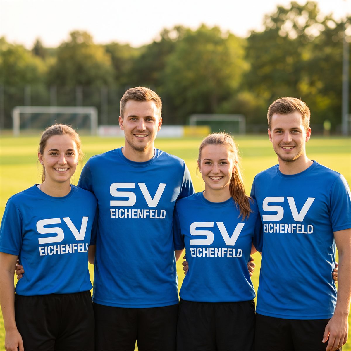 Four people in matching blue club shirts printed with Blockout DTF, white lettering