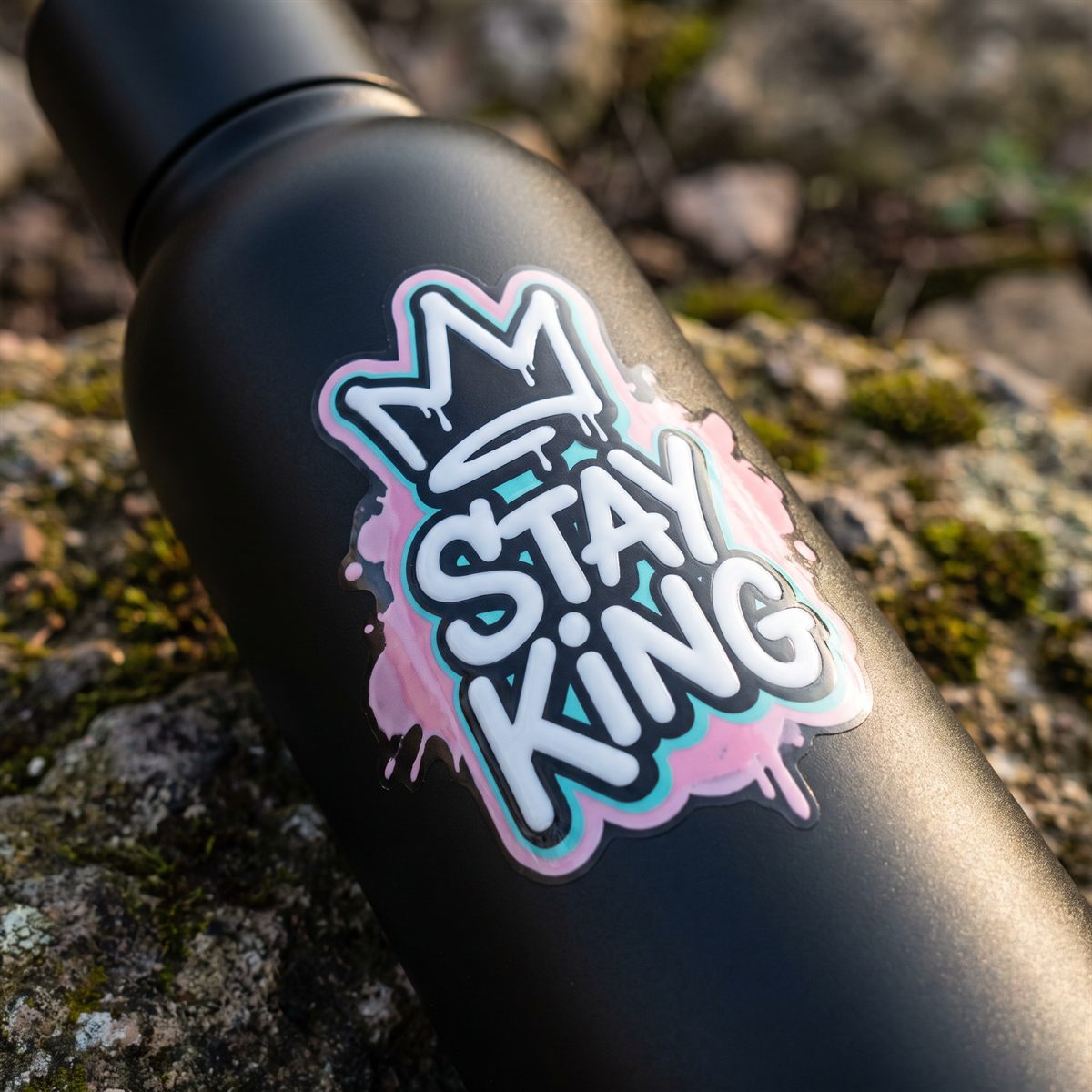 Schwarze Trinkflasche aus Metall mit UV-DTF Rub-on Aufkleber, Graffiti-Schriftzug mit Krone