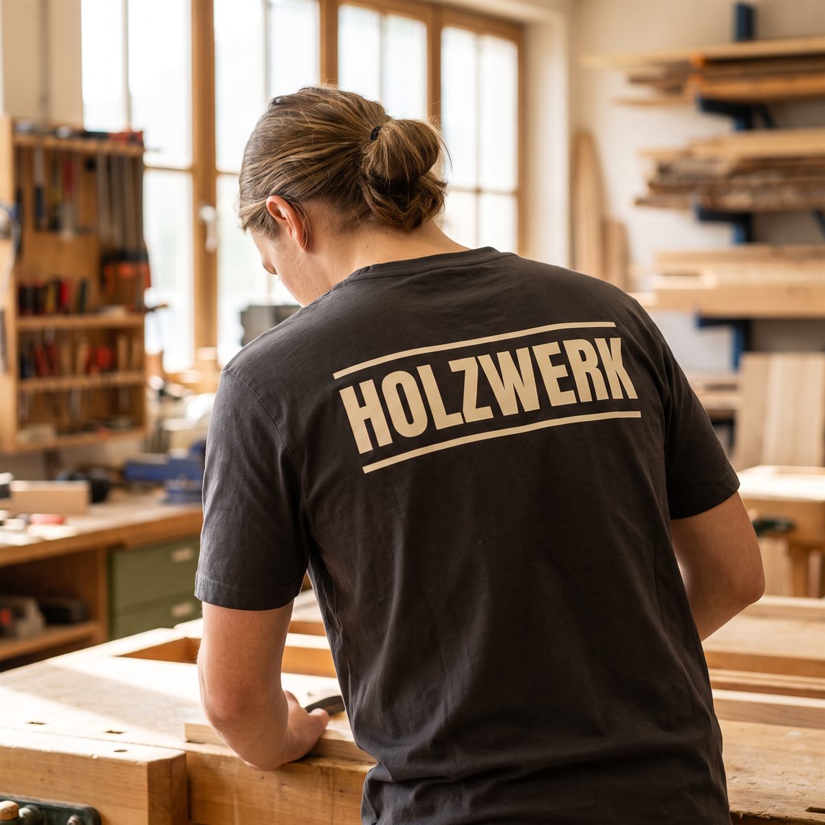 Dark work shirt printed with a DTF transfer, light company lettering on the back