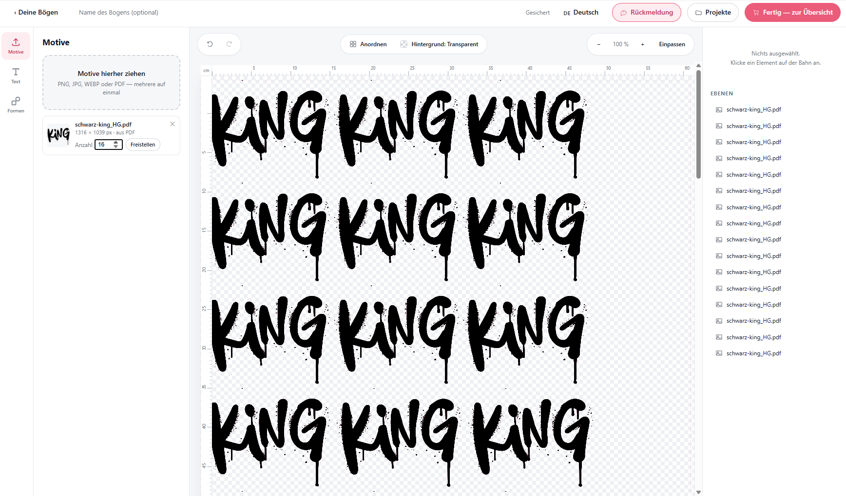 DTF Designer with a gang sheet: one design arranged 16 times