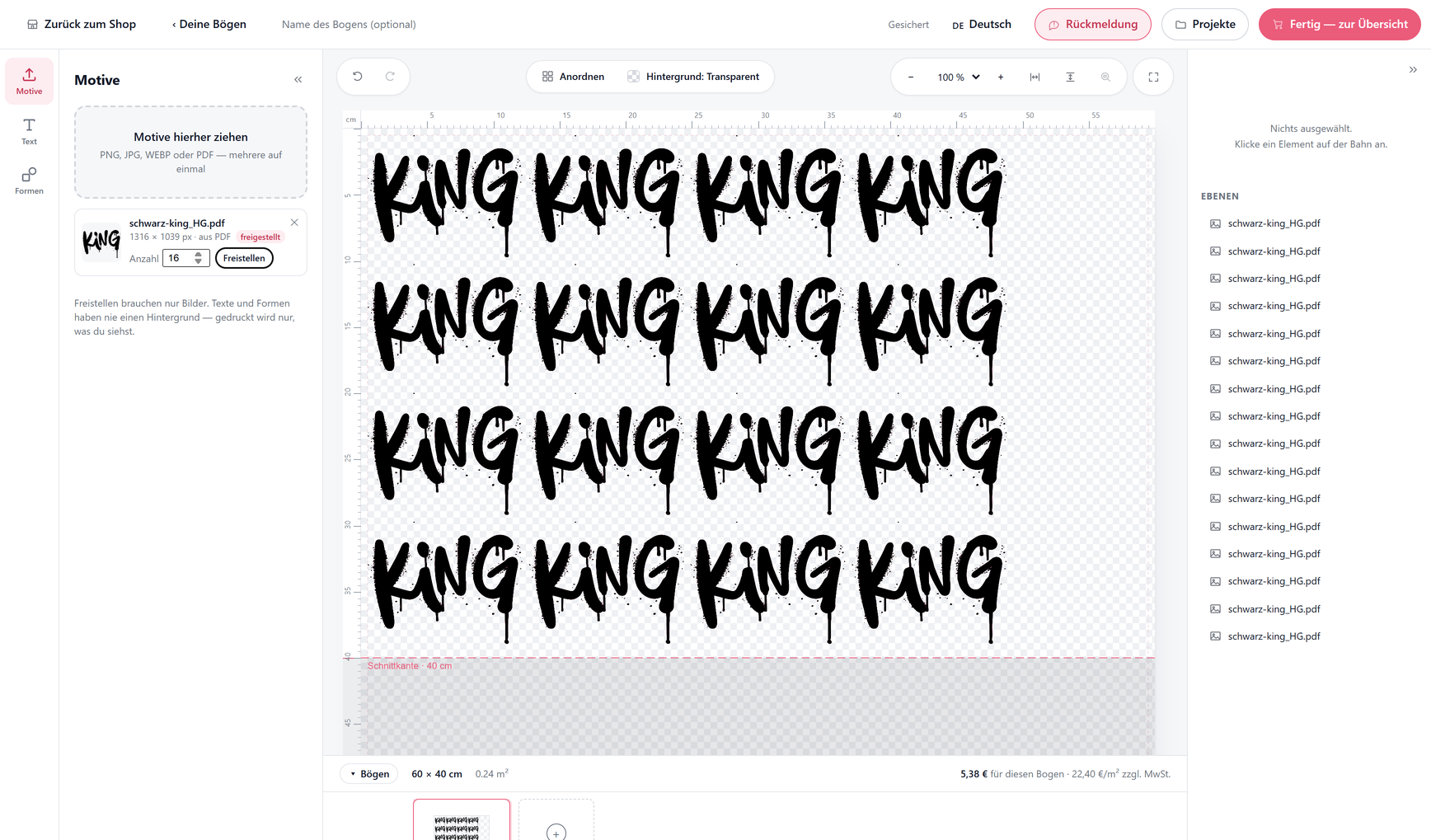 DTF Designer with a gang sheet: one design arranged 16 times