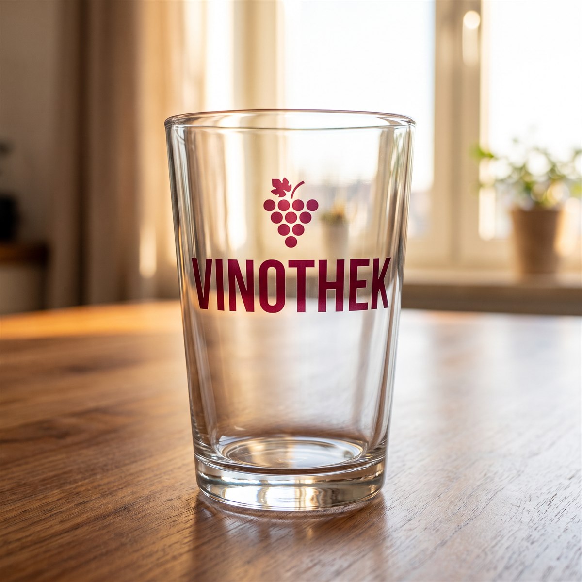 Drinking glass with a transparent UV DTF rub-on sticker, the wooden table shows through the letters