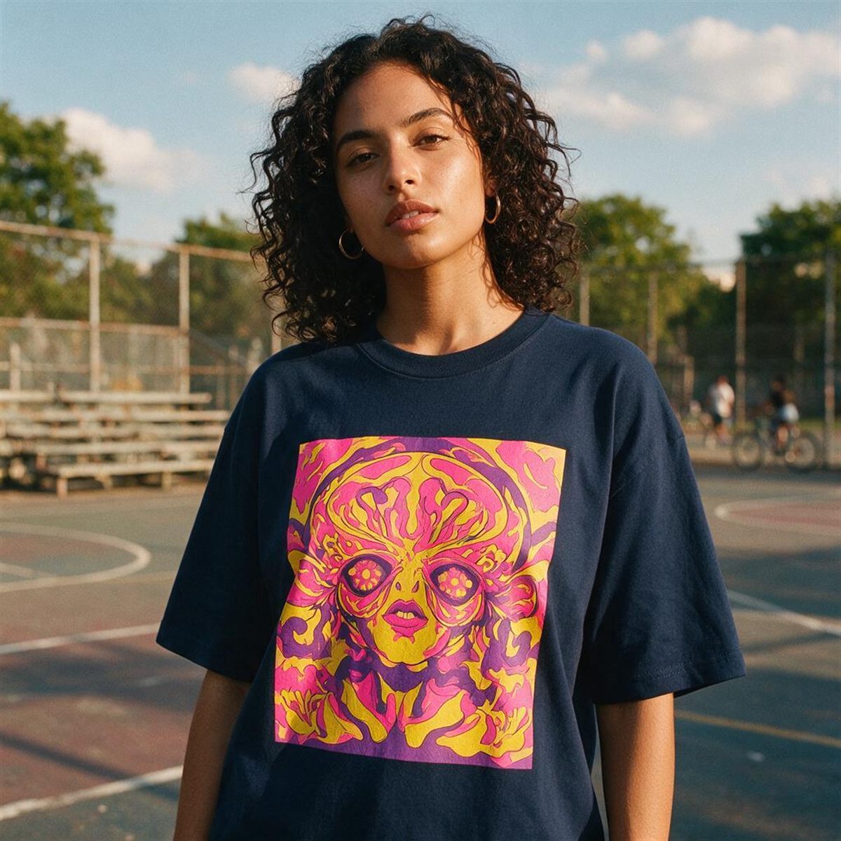 T-shirt printed with a DTF transfer, large colourful design on navy cotton