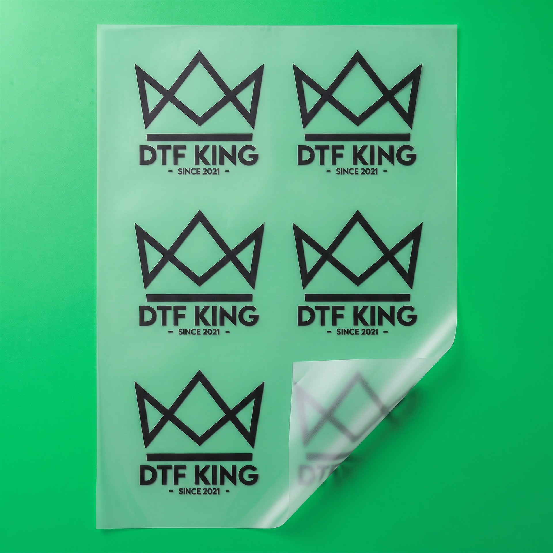 Blockout DTF-Transfer Bogen mit DTF-King Logo vor grünem Hintergrund