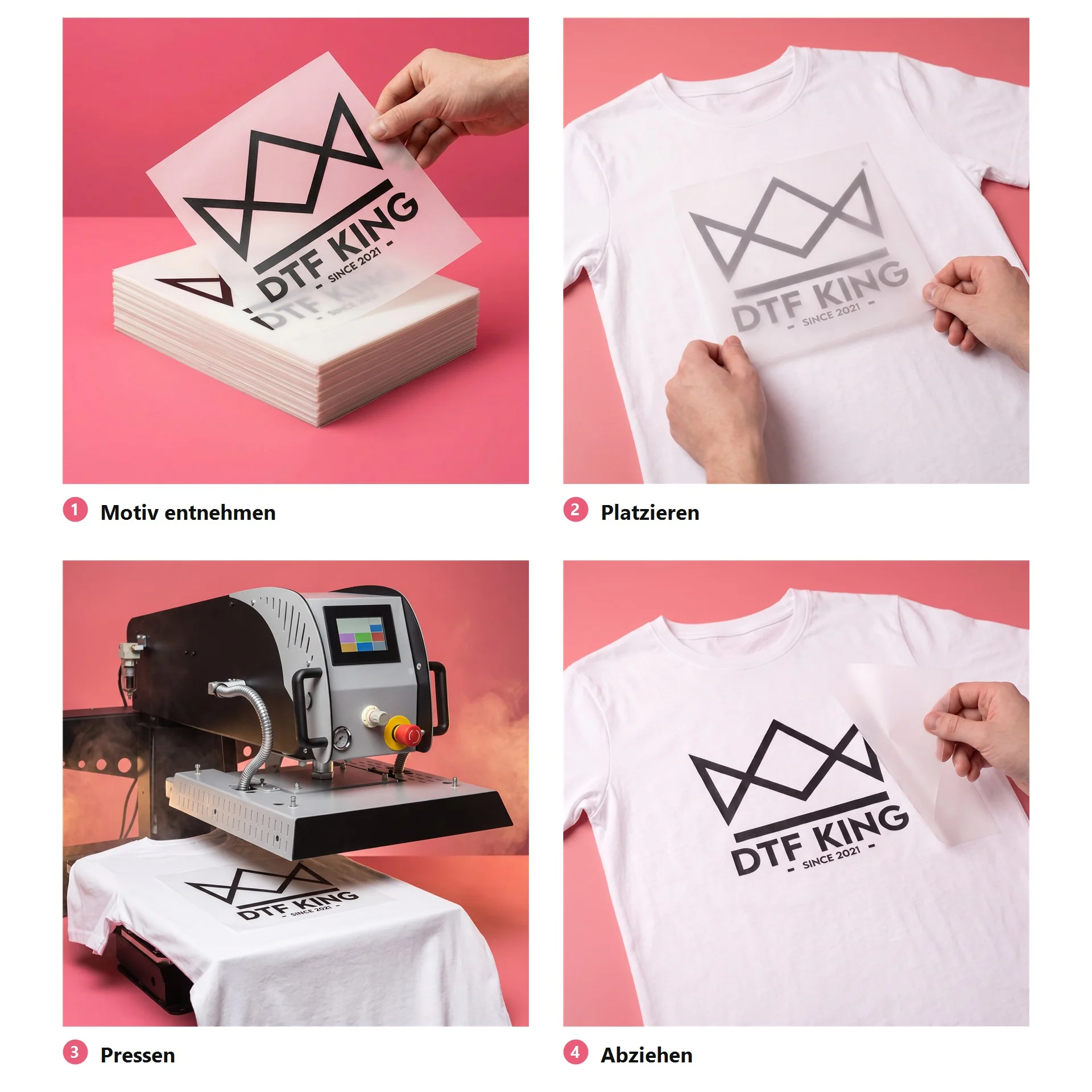 Applying a CUT DTF transfer in four steps: take out the design, position, press, peel off the film