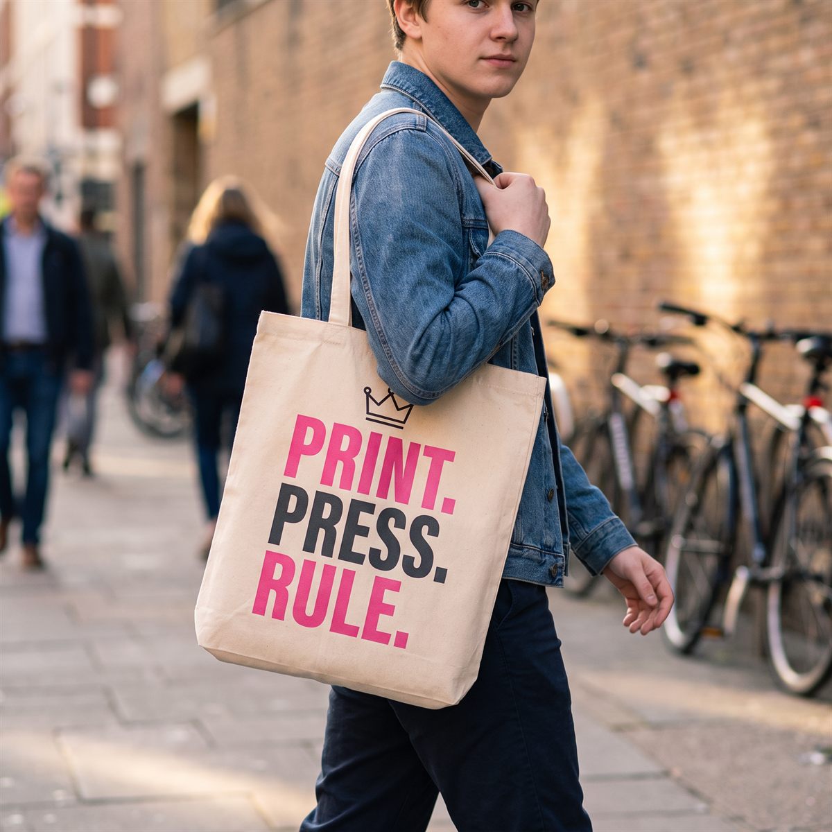 Cotton tote bag with a large DTF transfer in pink and anthracite