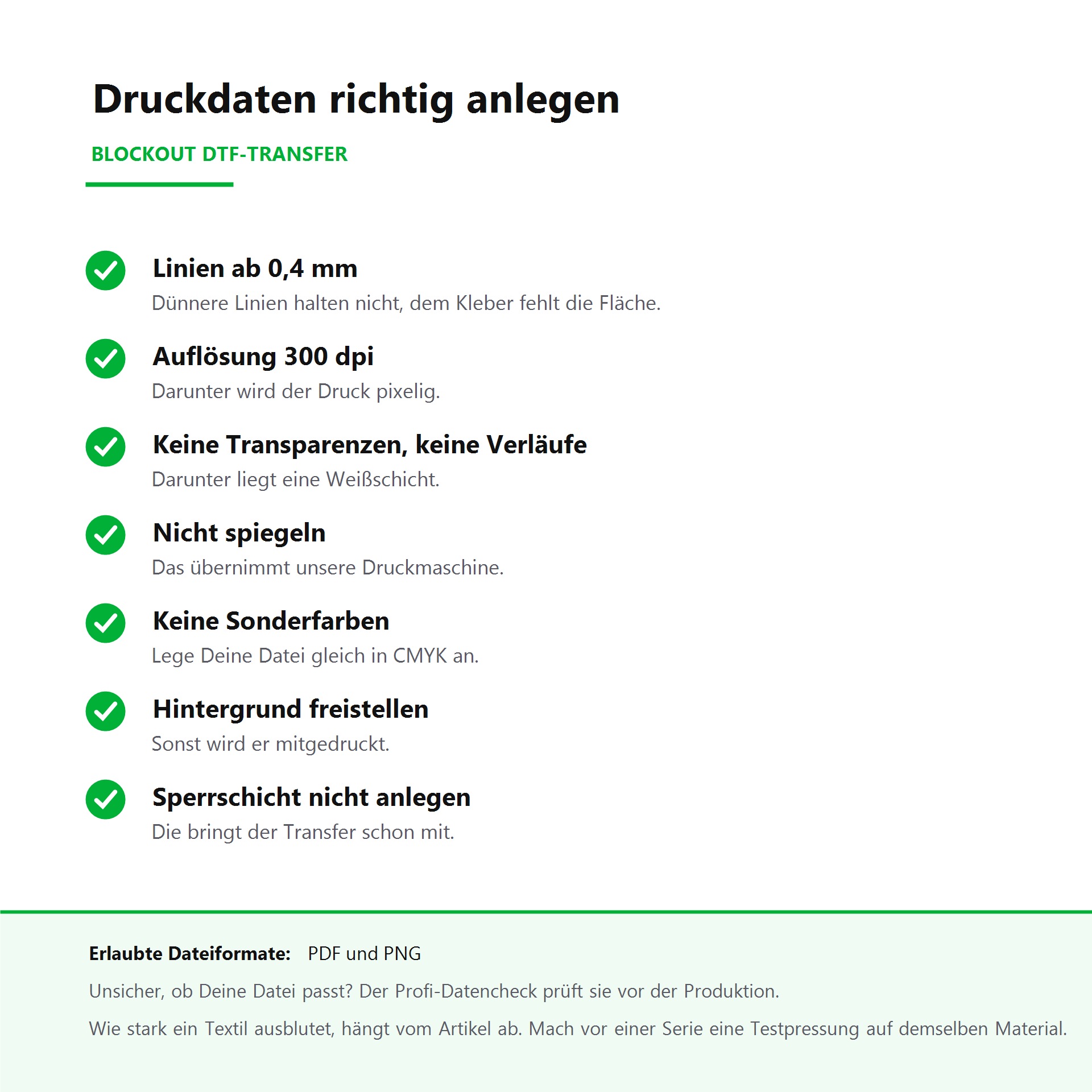 Infoblatt: Druckdaten für Blockout DTF-Transfer richtig anlegen. Linien ab 0,4 mm, 300 dpi, keine Transparenzen, nicht spiegeln, CMYK, Hintergrund freistellen, Sperrschicht nicht selbst anlegen. Dateiformate PDF und PNG.