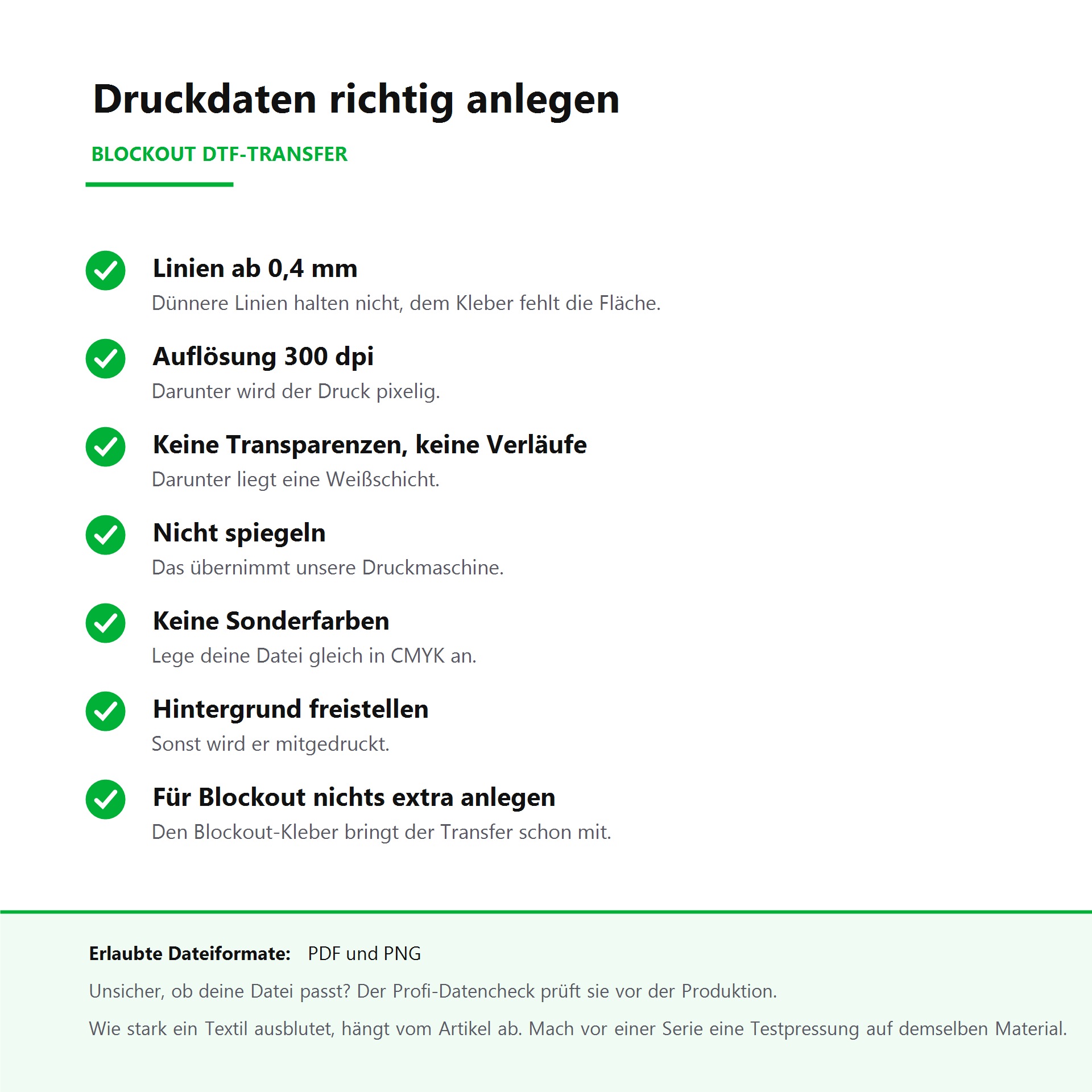 Info sheet: setting up print files for Blockout DTF transfers correctly. Lines from 0.4 mm, 300 dpi, no transparencies, do not mirror, CMYK, make the background transparent, nothing extra to set up for Blockout. File formats PDF and PNG.