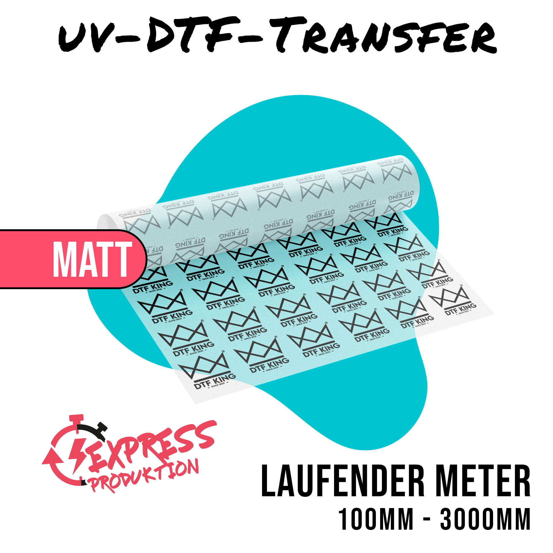 Printed matt UV DTF rub-on film as a custom length, from 100 to 3000 mm long, marked as express production