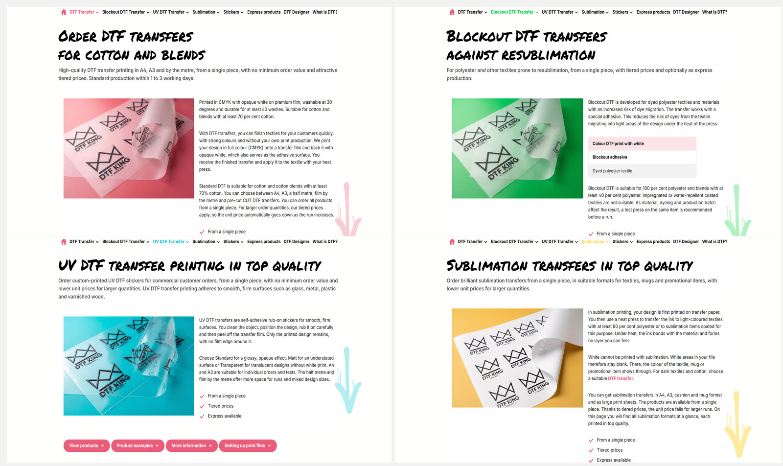 Four category pages of the new DTF-King shop with coloured menu item: pink, green, turquoise and yellow