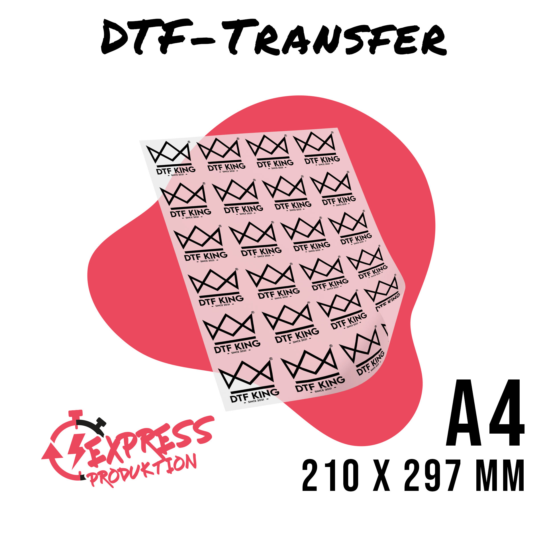 Bedruckte DTF-Transferfolie im Format DIN A4, 210 x 297 mm, gekennzeichnet mit Express-Produktion