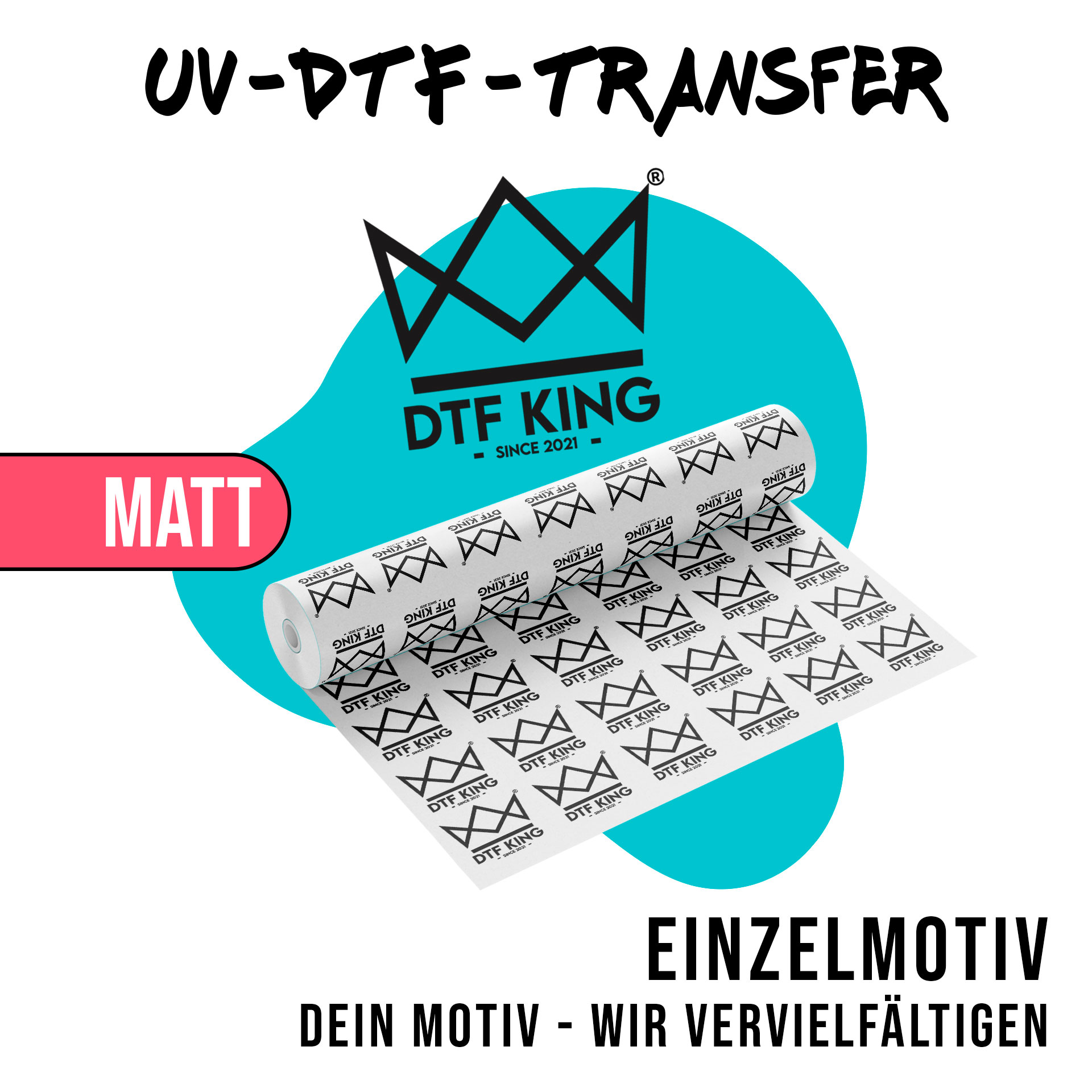 Rolle UV-DTF-Folie mit matter Oberfläche, bedruckt mit vielen gleichen Logos