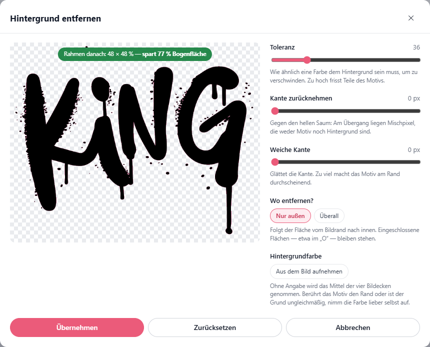 DTF Designer: remove background window with tolerance and edge settings