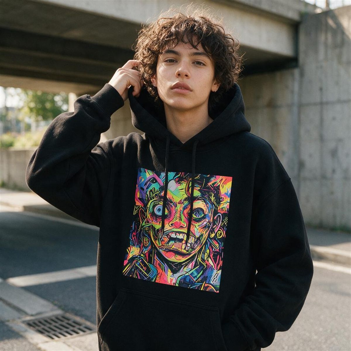 Black hoodie printed with a DTF transfer, colourful design on the front