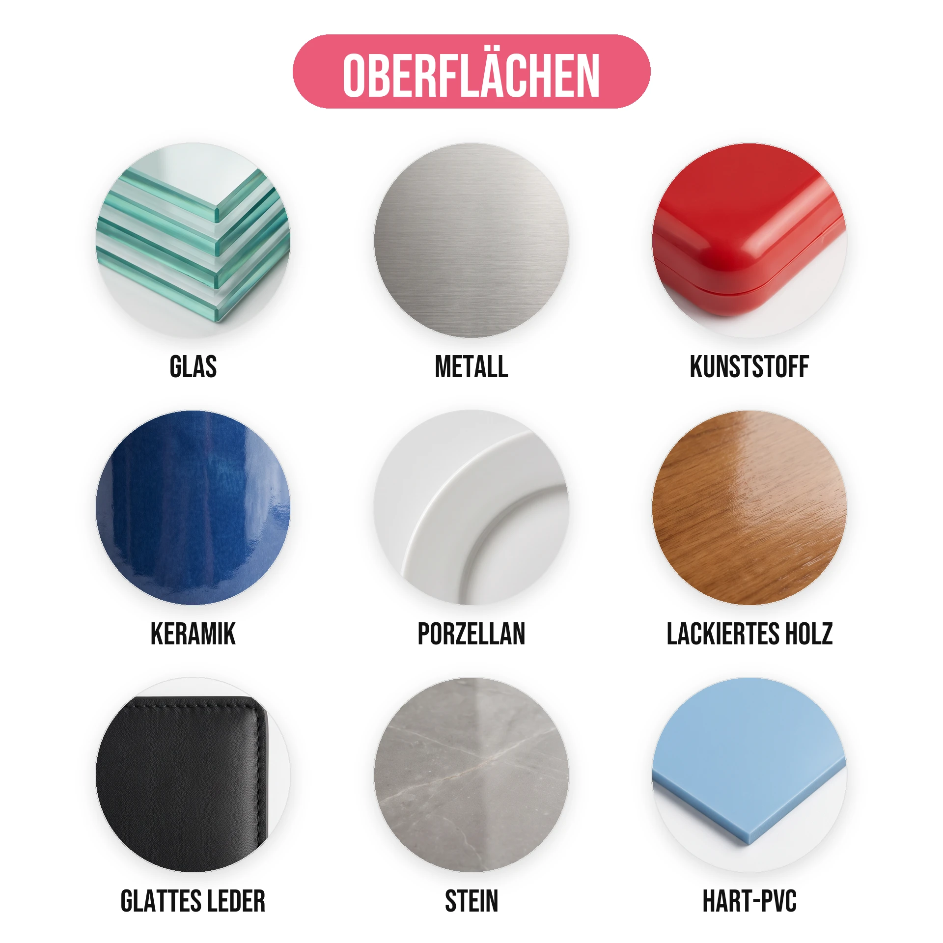 Geschikte oppervlakken voor UV-DTF: glas, metaal, kunststof, keramiek, porselein, gelakt hout, glad leer, steen en hard pvc