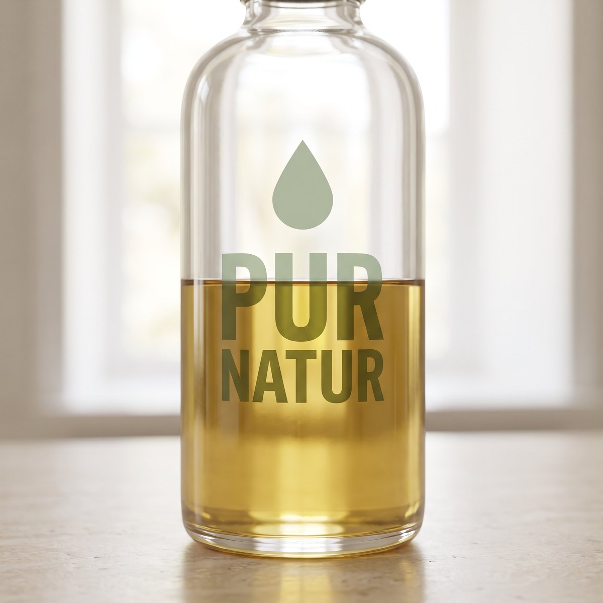 Glass cosmetics bottle with a transparent UV DTF rub-on sticker, the contents show through