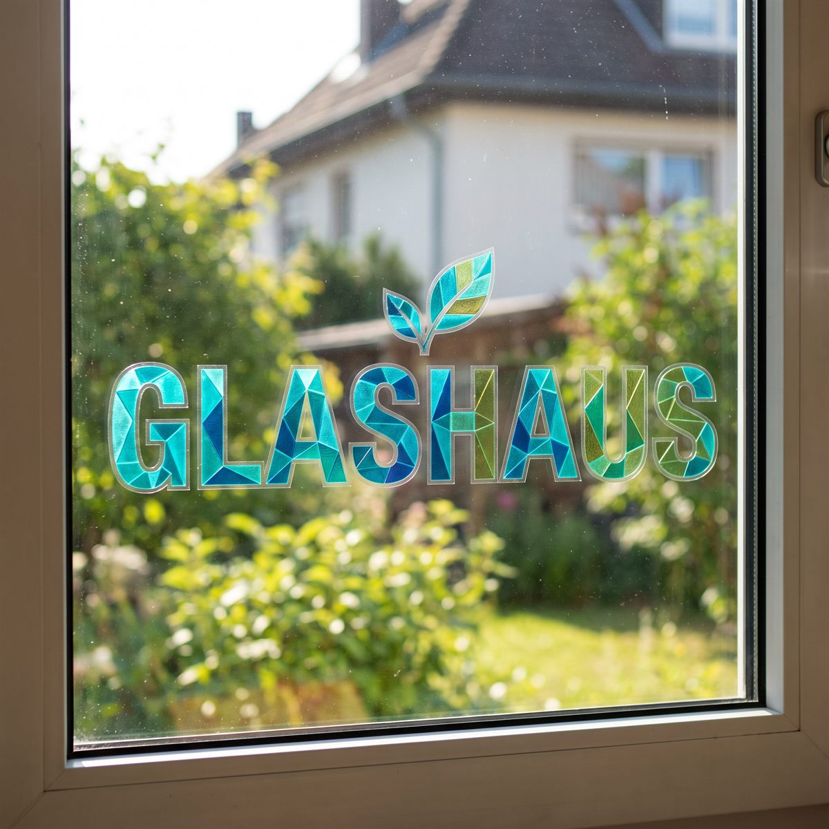 Window pane with a transparent UV DTF rub-on sticker, the garden behind shows through the lettering