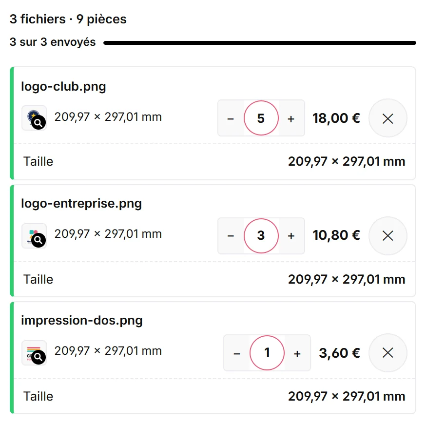 Capture d'écran : trois fichiers d'impression importés avec quantité, prix et dimensions