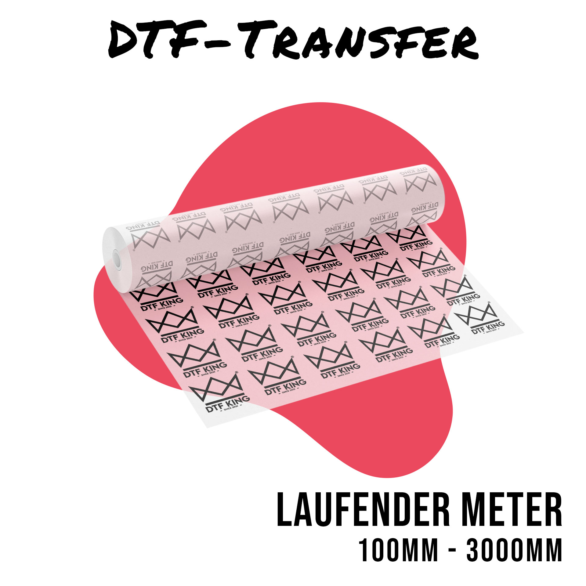 Roll of printed DTF transfer film as a custom length, from 100 to 3000 mm long
