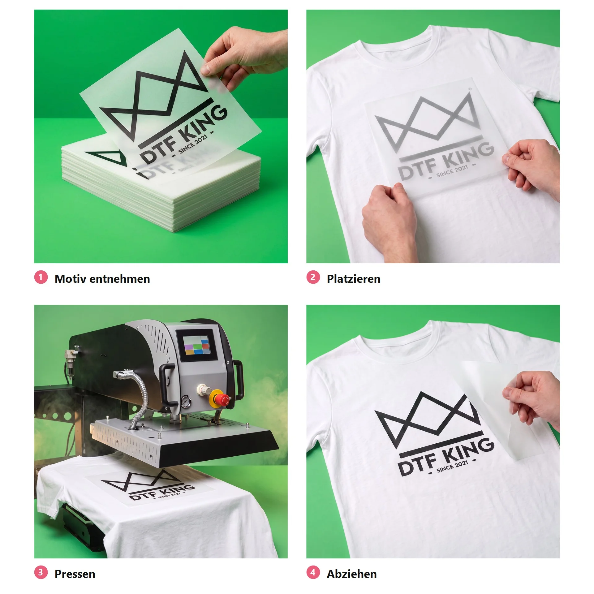 Applying a CUT Blockout DTF transfer in four steps: take out the design, position, press, peel off the film