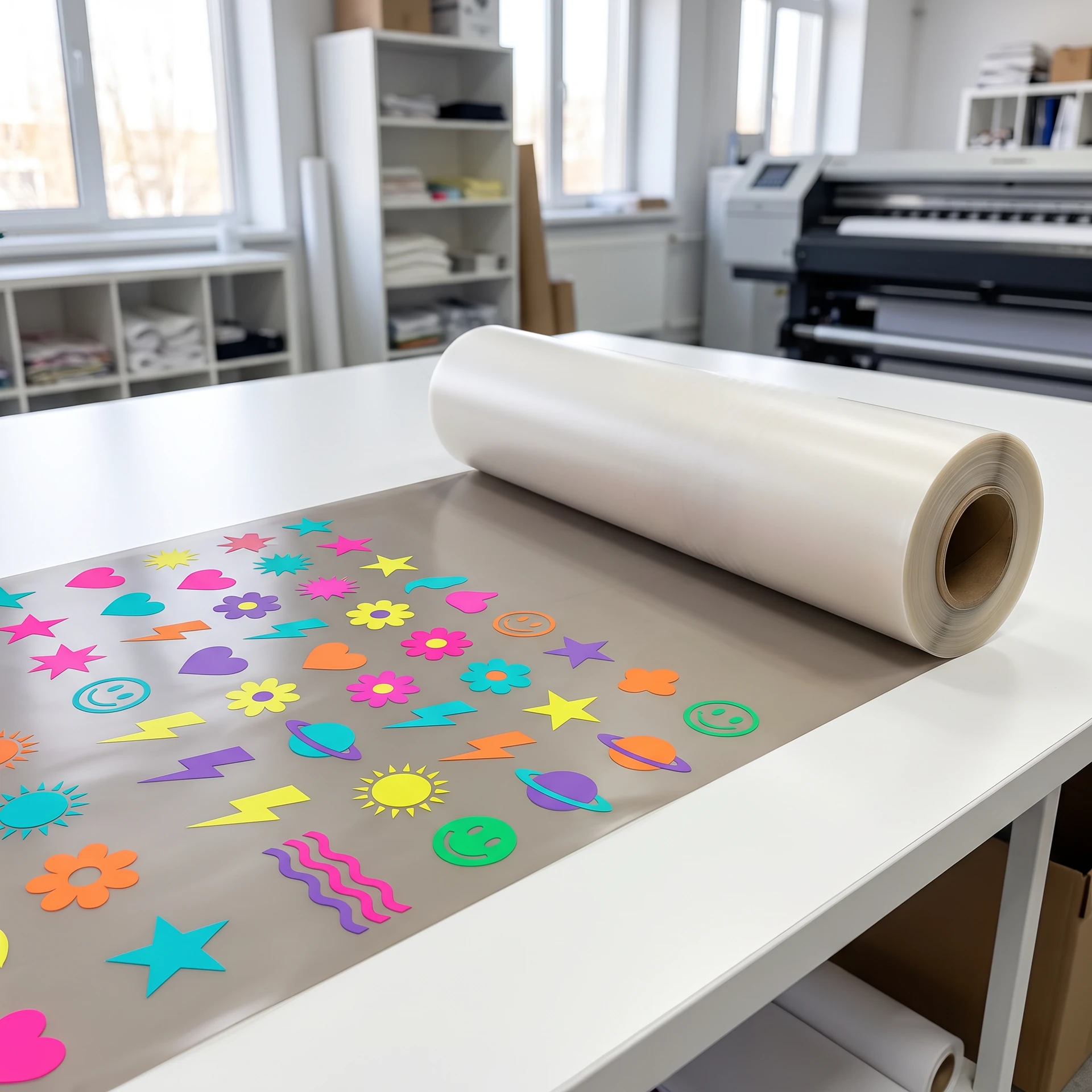 Transfert DTF au mètre partiellement déroulé avec des visuels colorés sur une table de travail en production
