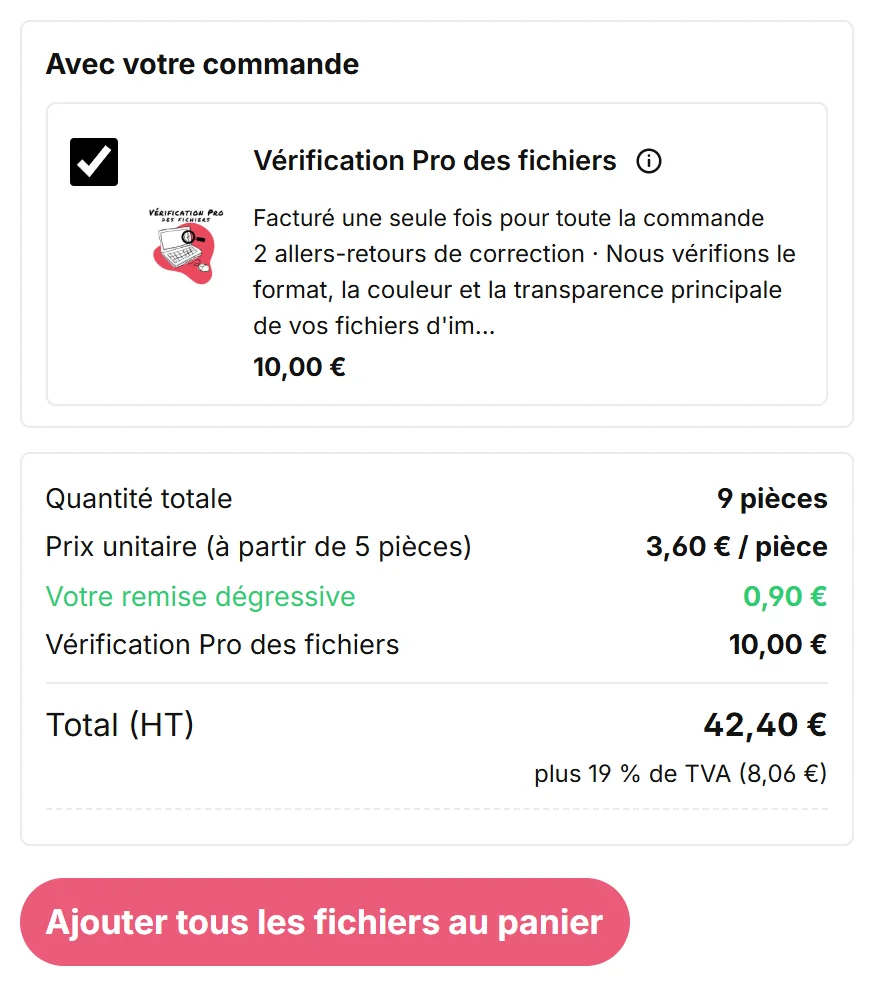 Capture d'écran : Vérification Pro des fichiers cochée, total et bouton pour ajouter tous les fichiers au panier