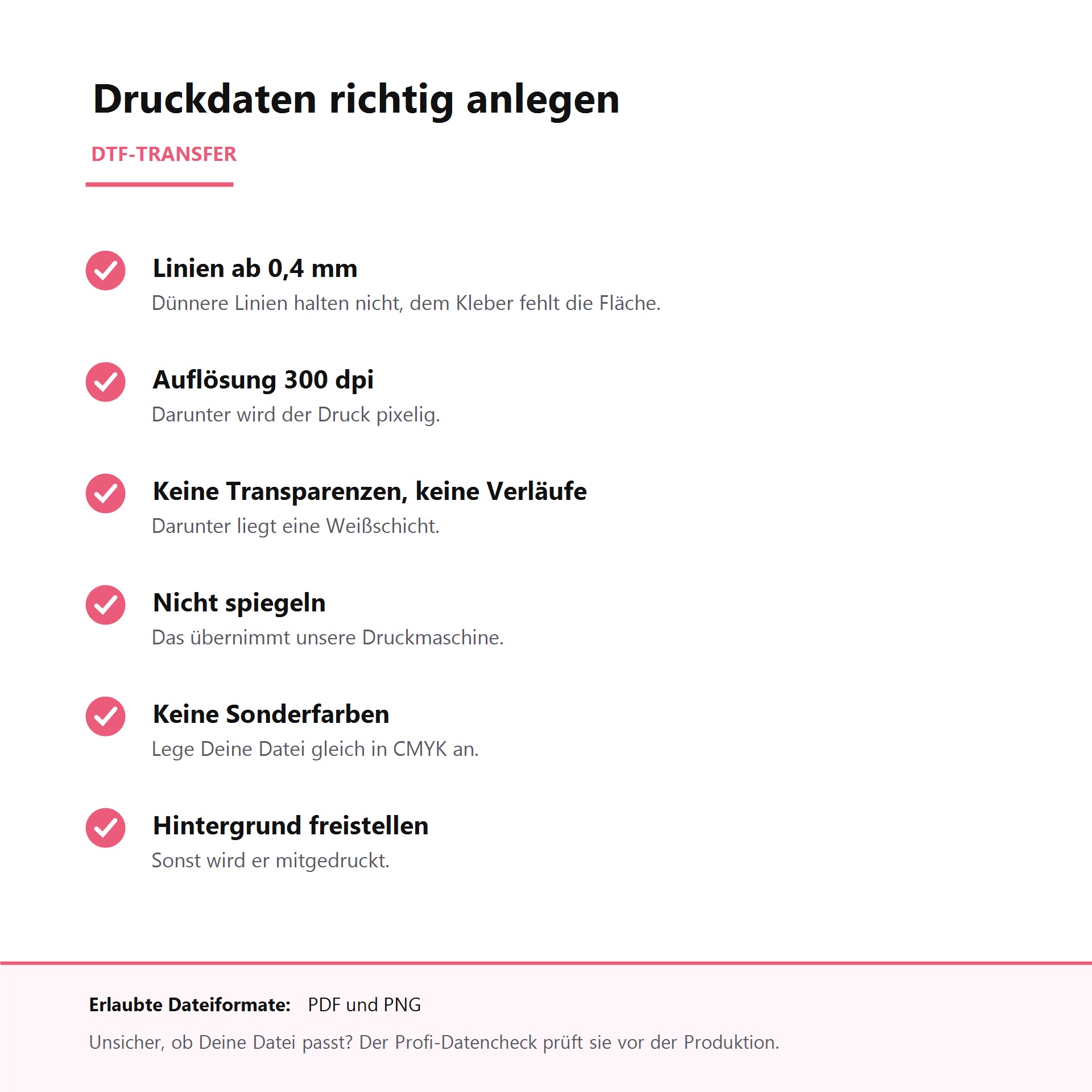 Infoblatt: Druckdaten für DTF-Transfer richtig anlegen. Linien ab 0,4 mm, 300 dpi, keine Transparenzen, nicht spiegeln, CMYK, Hintergrund freistellen. Dateiformate PDF und PNG.