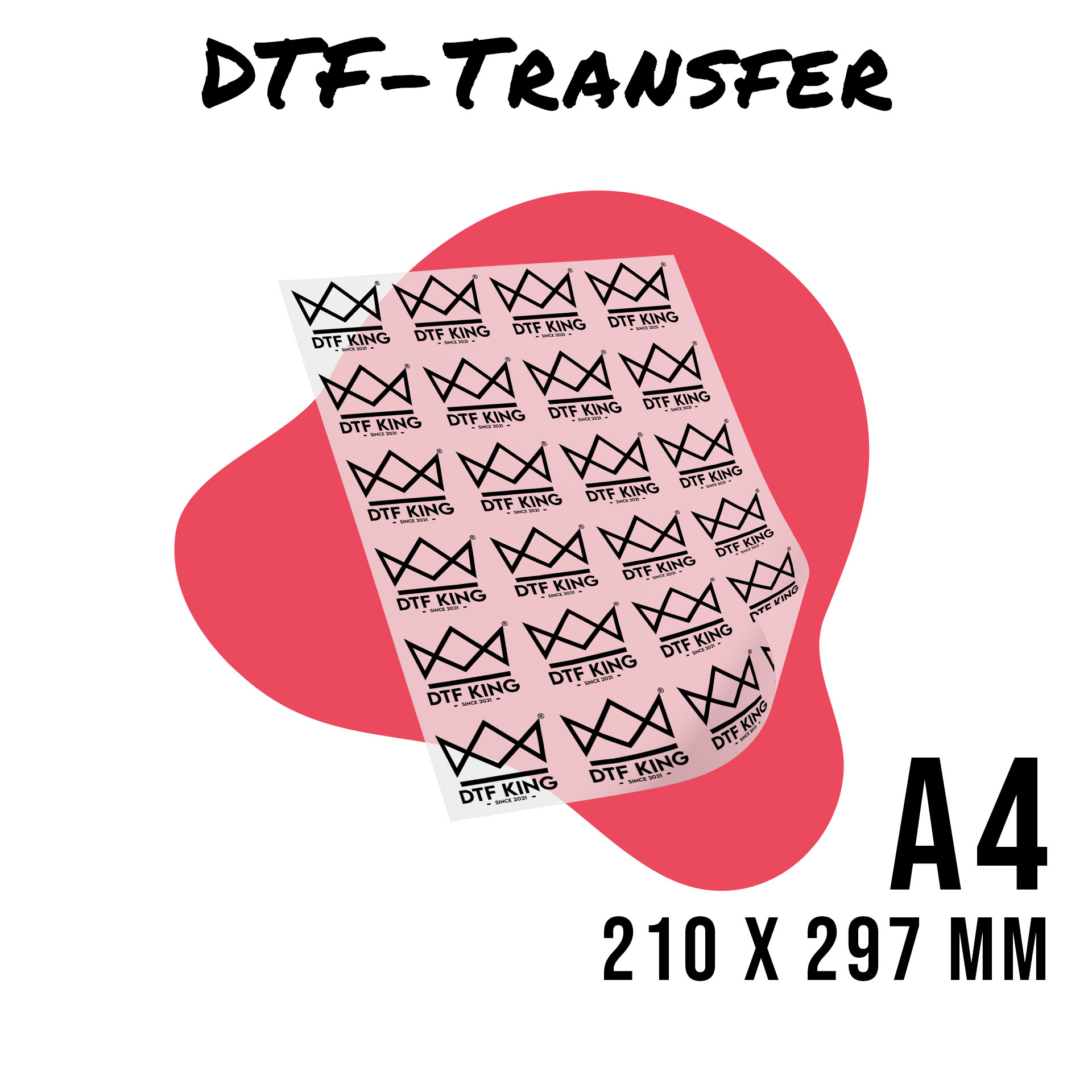 Bedruckte DTF-Transferfolie im Format DIN A4, 210 x 297 mm, mit wiederholtem Kronenlogo von DTF-King