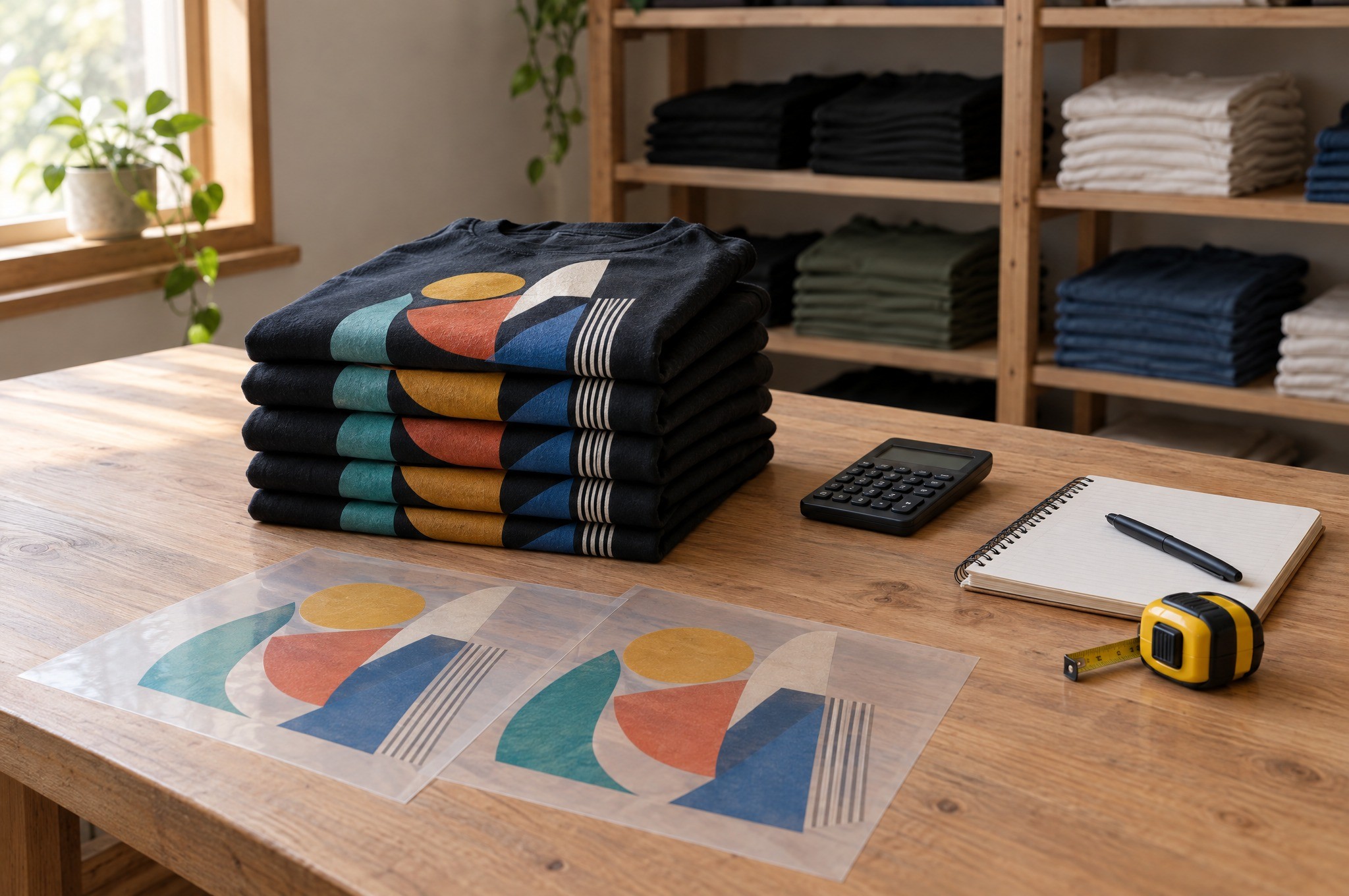 Arbeitstisch mit gestapelten bedruckten T-Shirts, zwei Transferbogen, Taschenrechner und Notizblock
