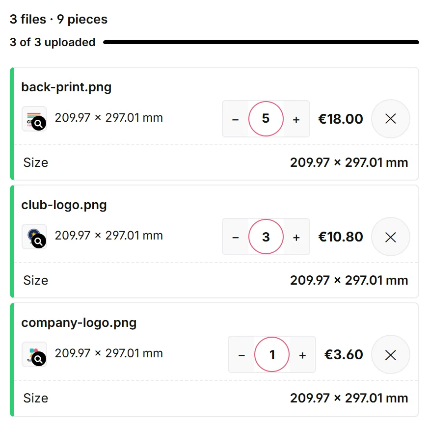 Screenshot: three uploaded print files with quantity, price and dimensions