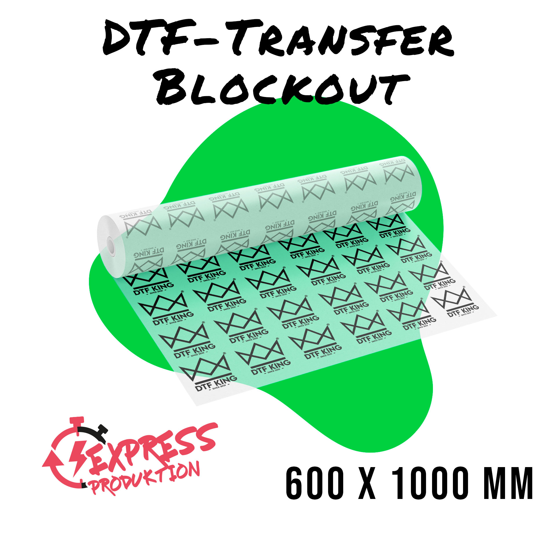 Roll of printed Blockout DTF transfer film, by the metre, 600 x 1000 mm, marked as express production