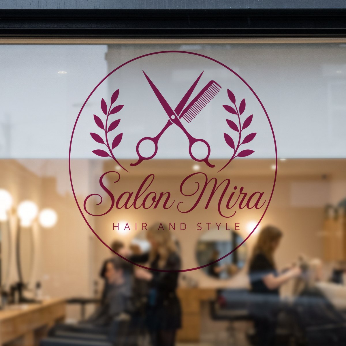Hair salon shop window with a transparent UV DTF rub-on sticker, berry-coloured logo without white, the salon shows through