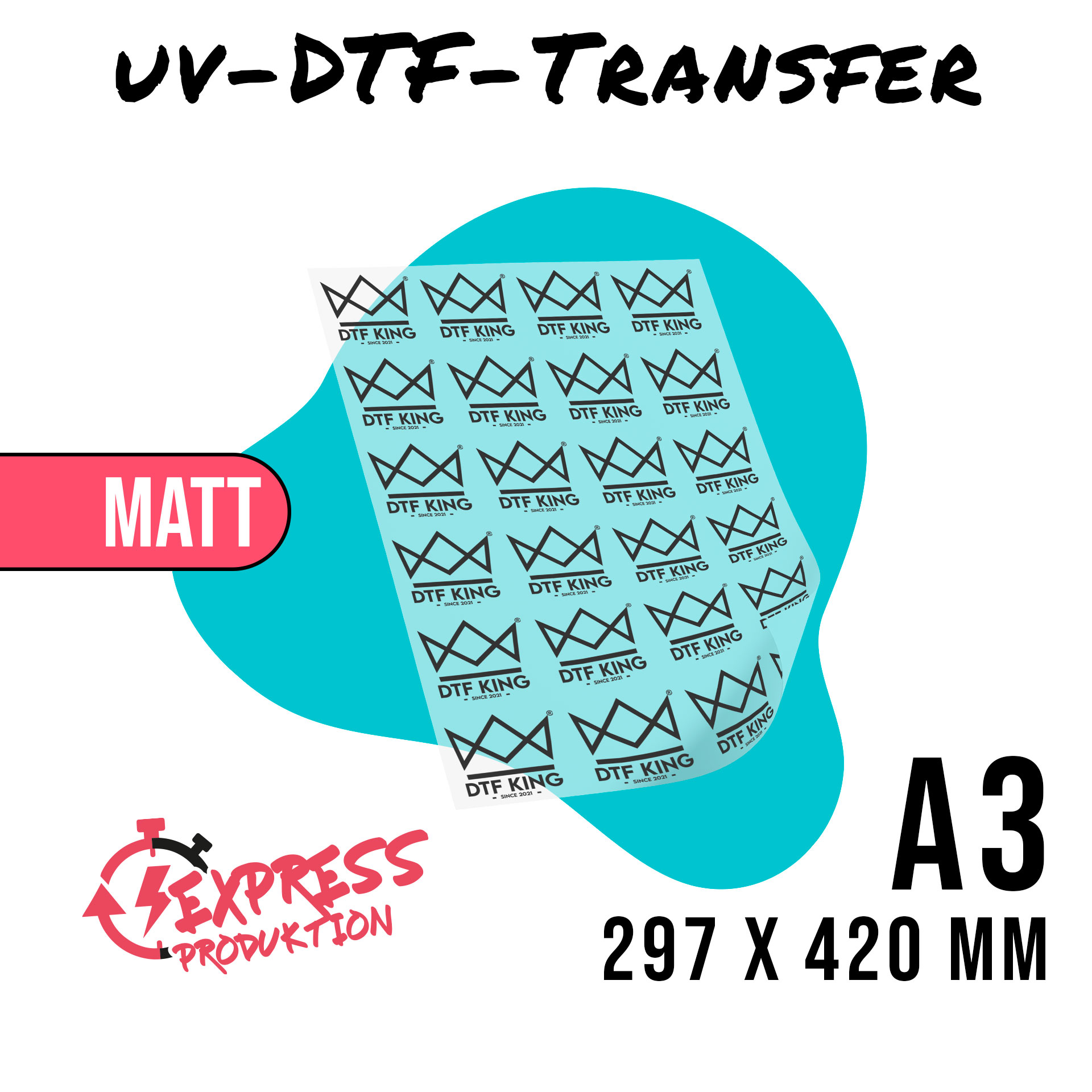 Printed matt UV DTF rub-on film in A3 format, 297 x 420 mm, marked as express production
