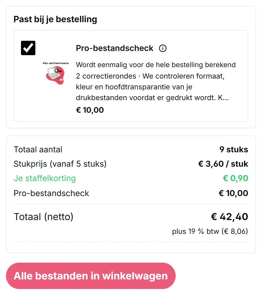 Screenshot: Pro-bestandscheck aangevinkt, totaal en de knop om alle bestanden in de winkelwagen te leggen