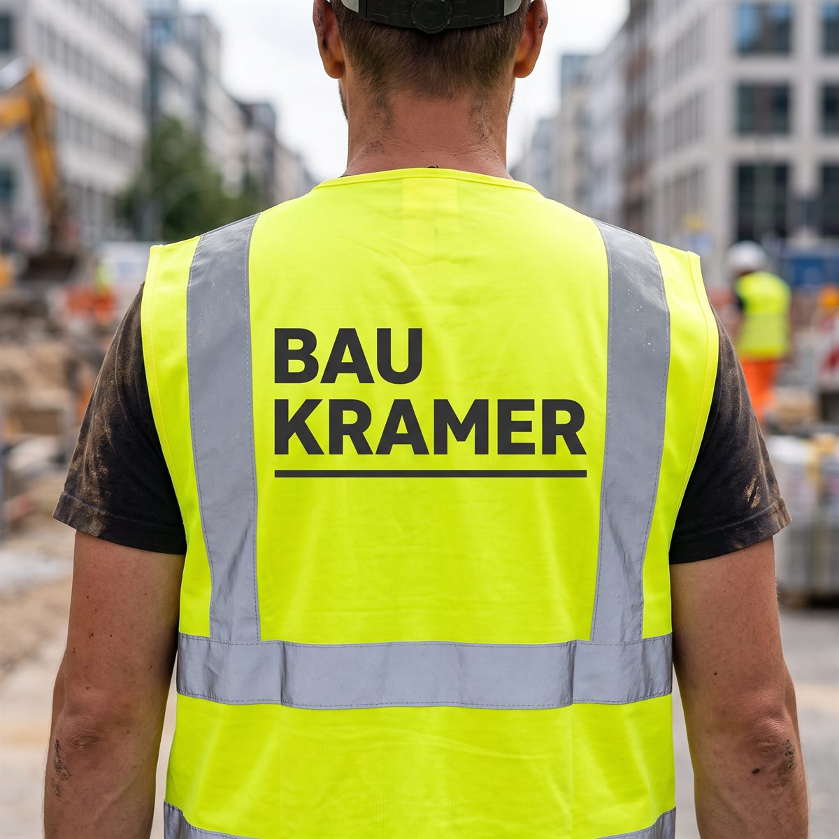Yellow hi-vis vest printed with a DTF transfer, black company lettering between the reflective strips