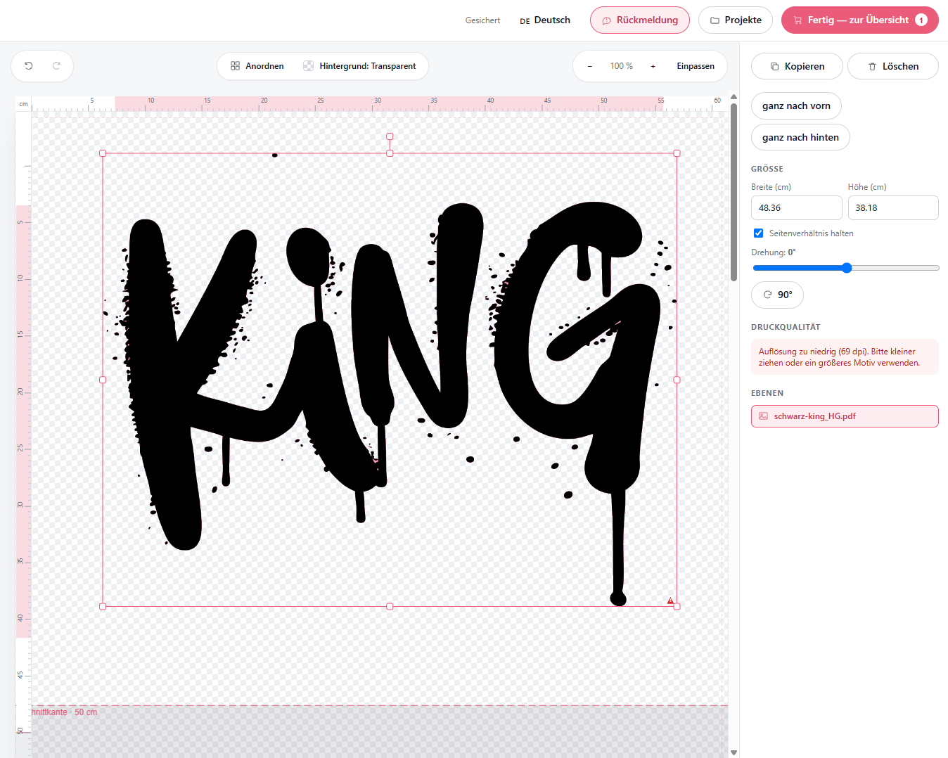 DTF Designer warning about a design with too low a resolution