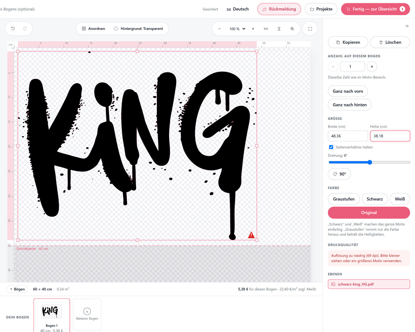 DTF Designer warning about a design with too low a resolution