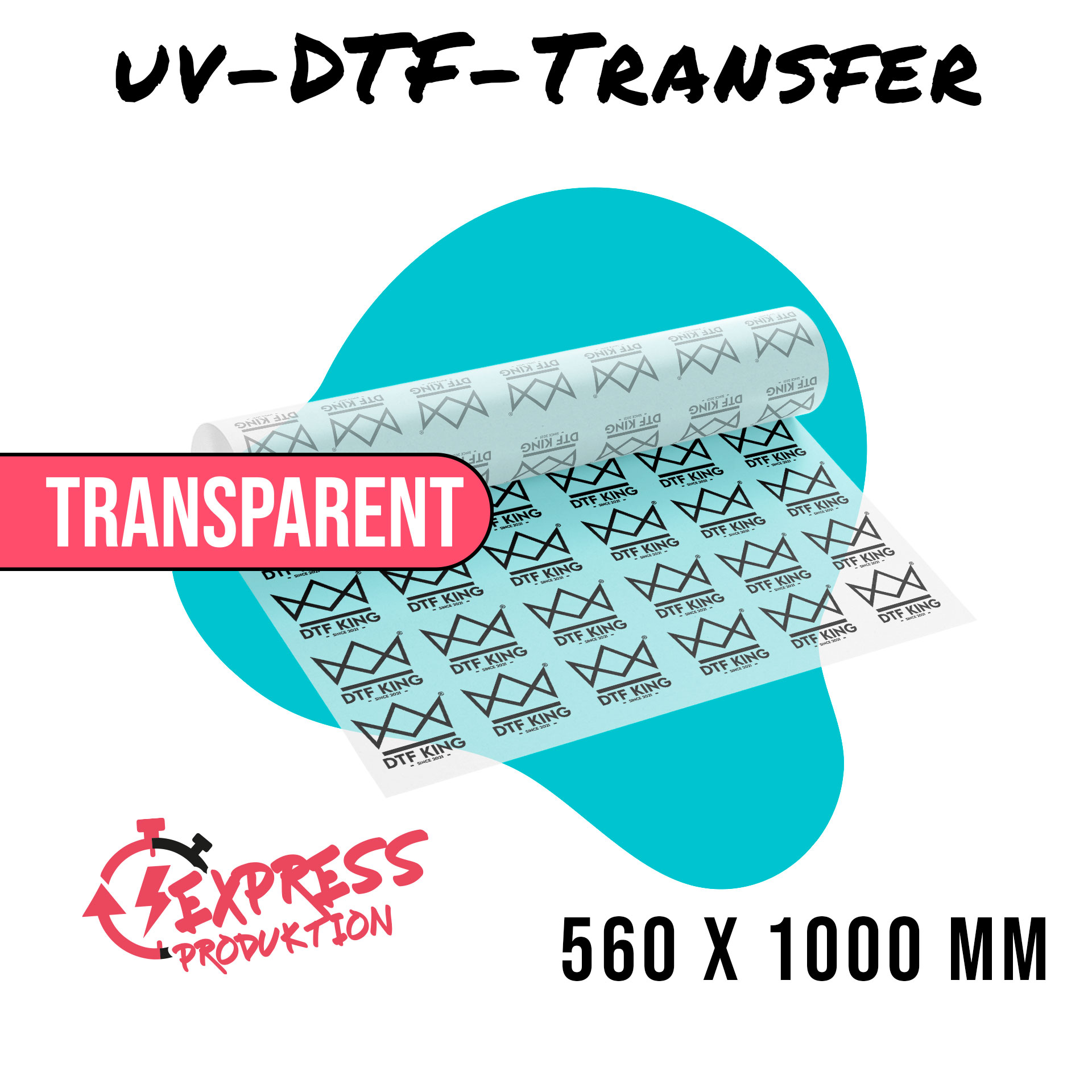 Printed transparent UV DTF rub-on film in 560 x 1000 mm format, marked as express production