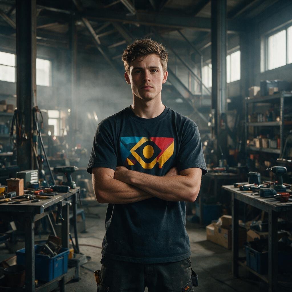 Mann in dunklem T-Shirt mit DTF-Logo in einer Werkstatt