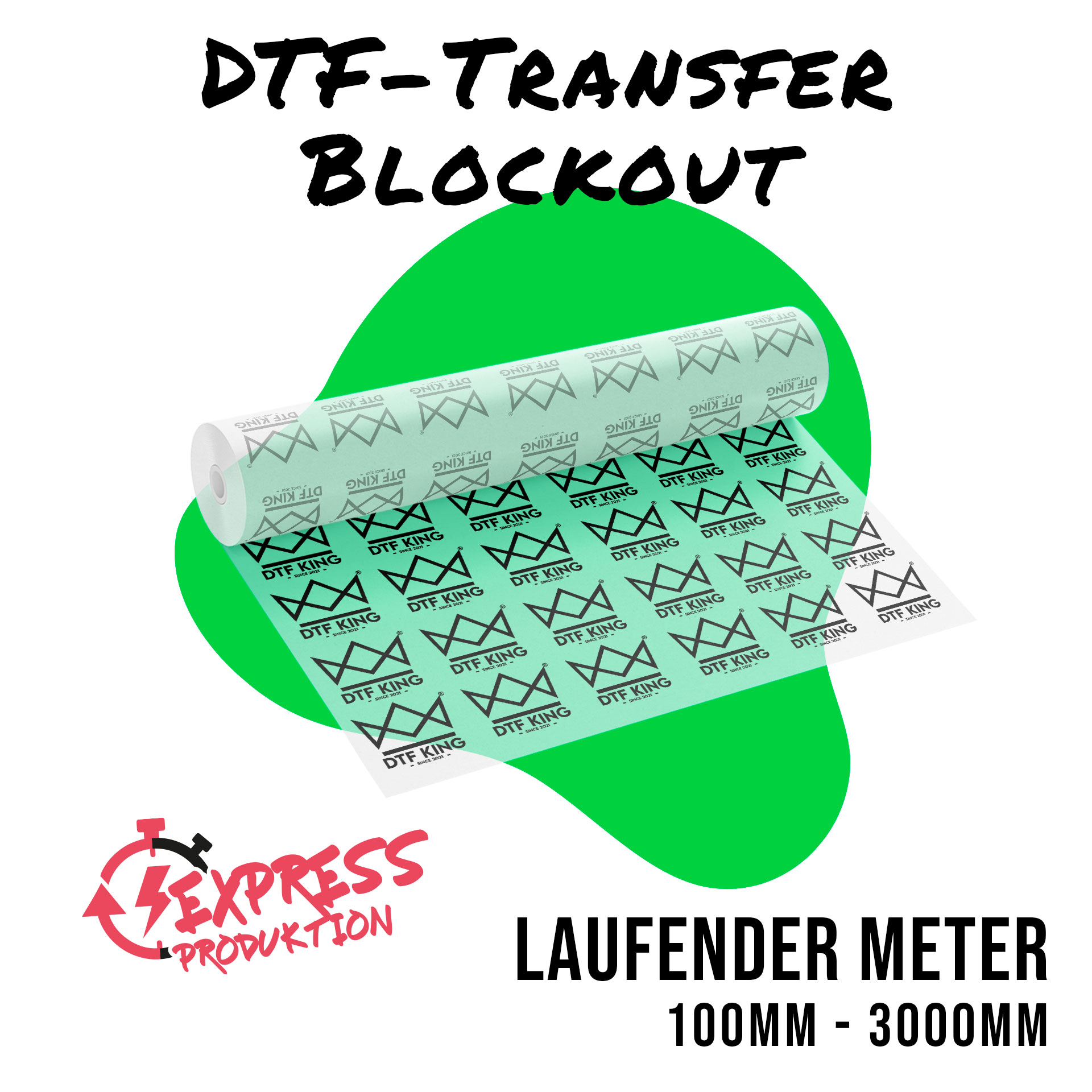 Roll of printed Blockout DTF transfer film as a custom length, from 100 to 3000 mm long, marked as express production